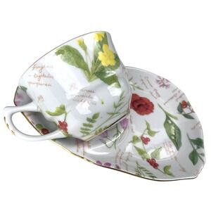 Nantucket Home Botanical Porcelain Snack Set Cup and Saucer Gold Trim Floral